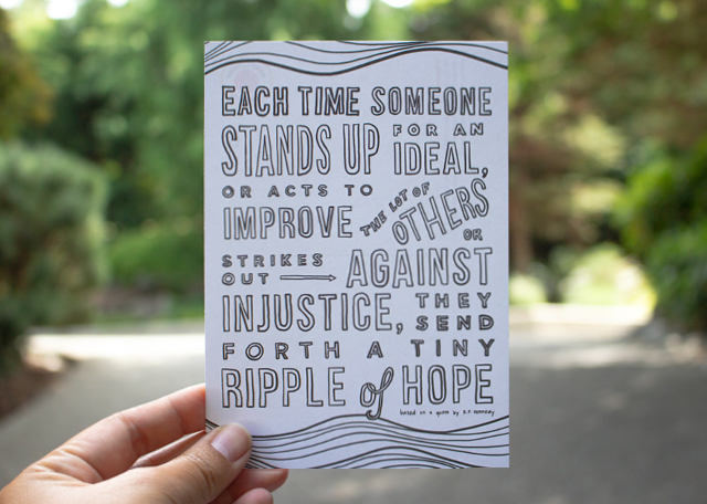 Handlettered poscard featuring a quote by R.F. Kennedy