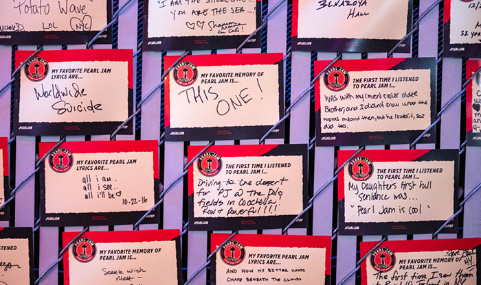 Print cards with prompts like, 'My favorite memory of Pearl Jam is...' that fans wrote on before the screening began.