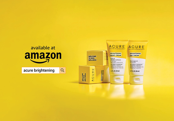 Still of an end card showing bright yellow ACURE products and an Amazon search bar