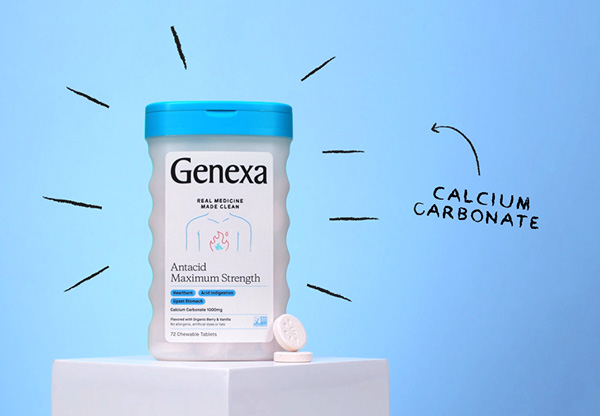 Genexa antacid tablets on a pedestal with a handwritten callout for Calcium Carbonate